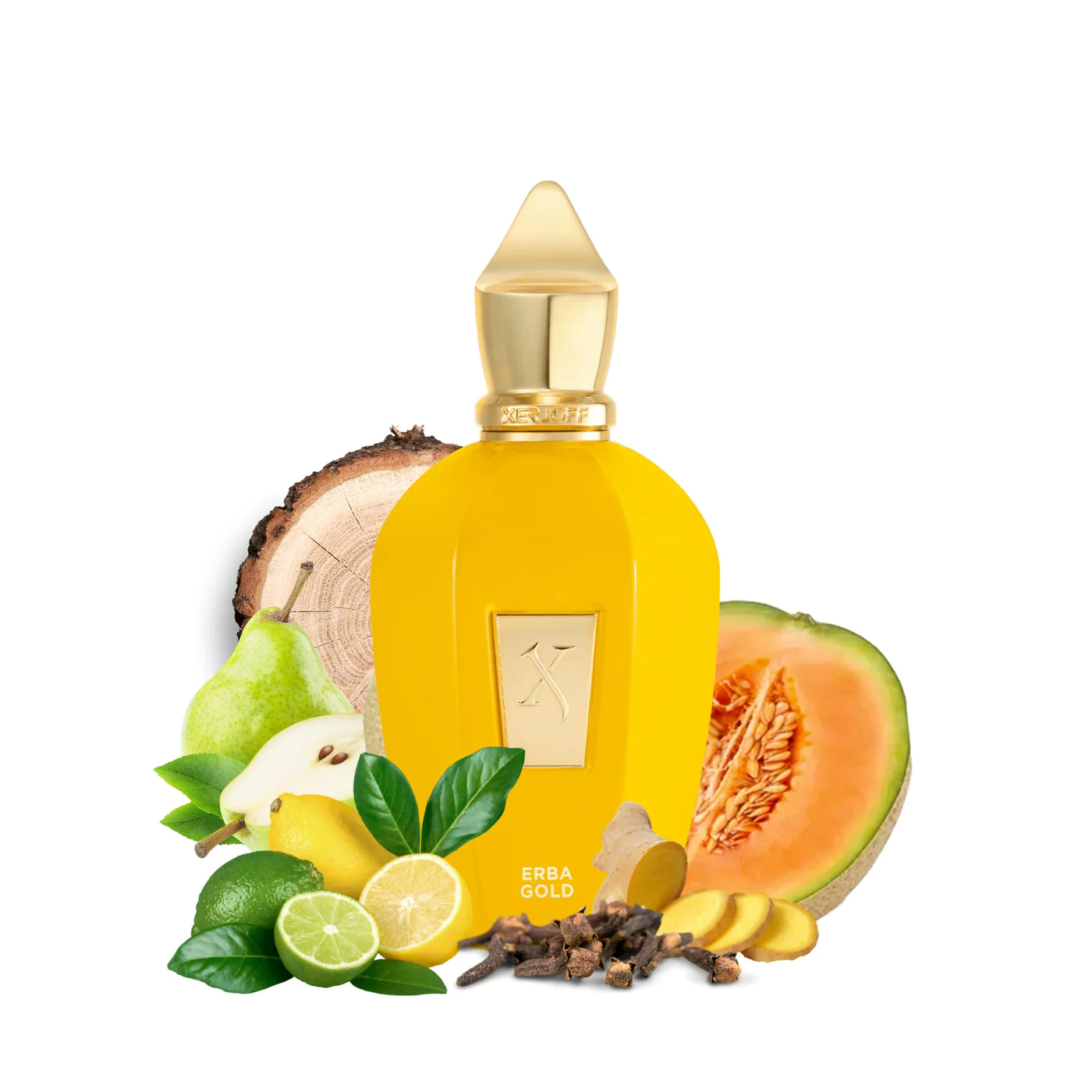 Xerjoff Erba Gold yellow bottle with melon pear and ginger