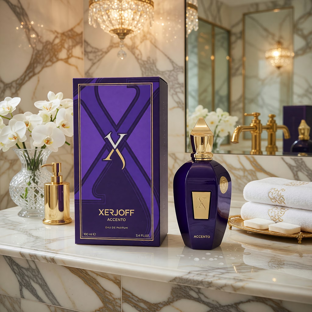 Xerjoff Accento violet bottle on marble with purple box