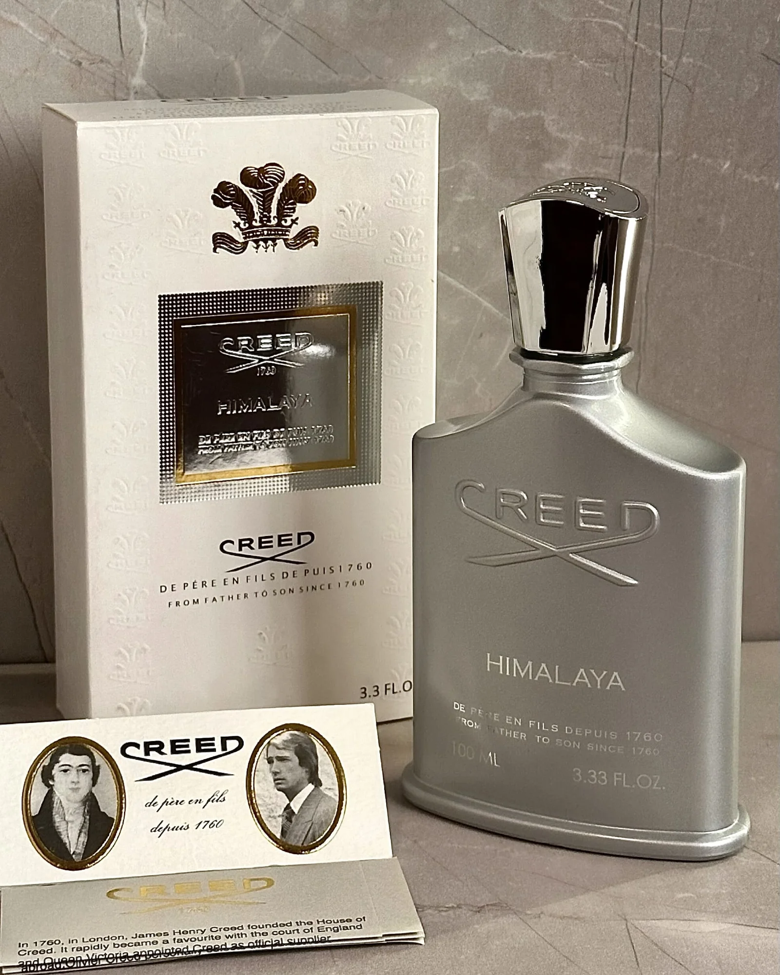 Creed Himalaya bottle with box and heritage card
