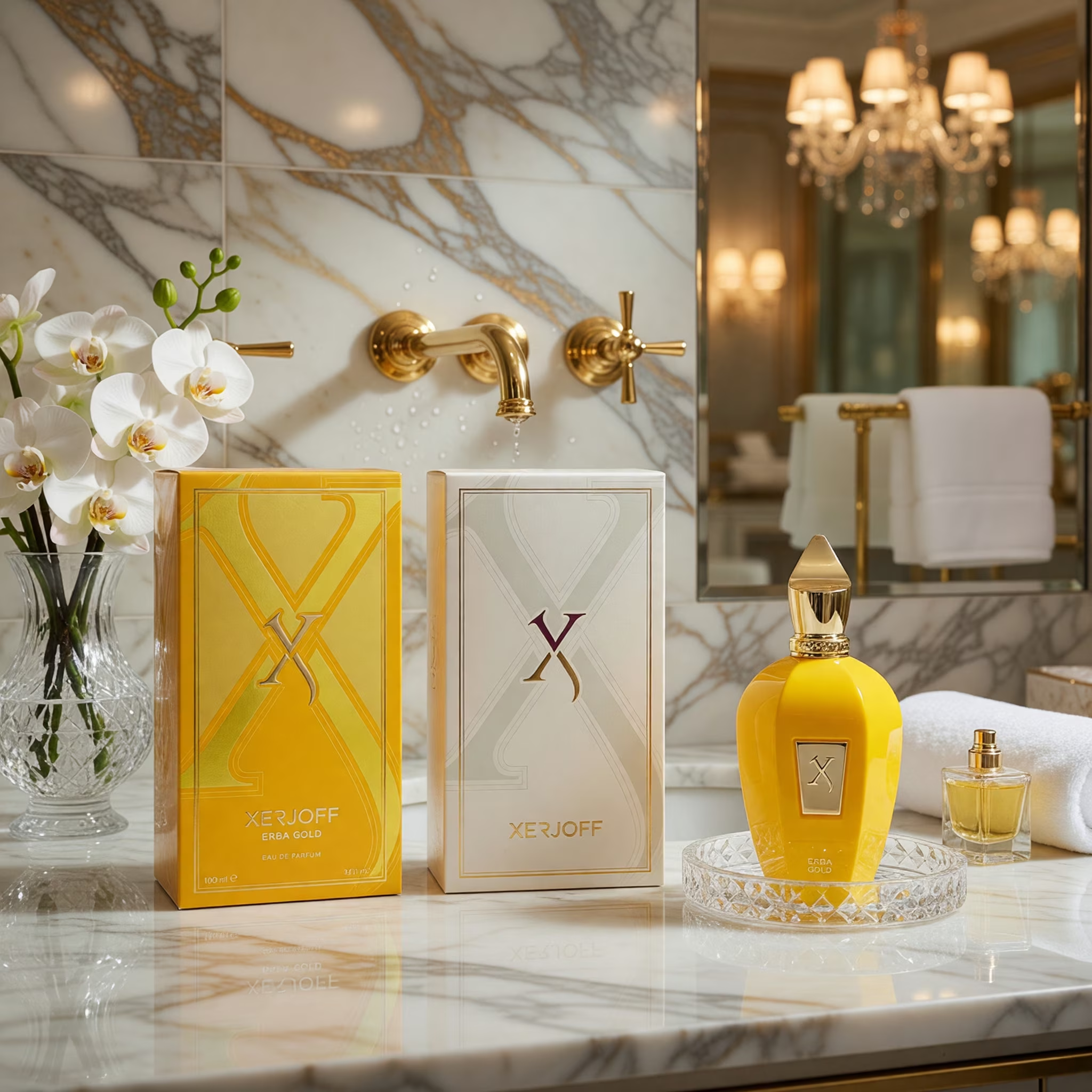 Xerjoff Erba Gold yellow bottle in luxury marble bathroom