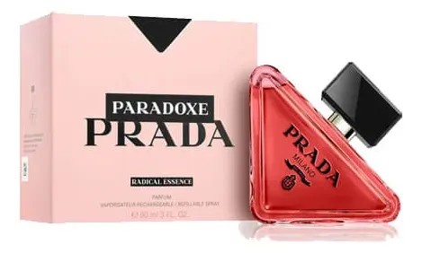 Prada Paradoxe Radical Essence red triangular bottle with pink box