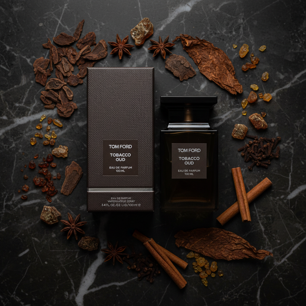 Tobacco Oud - Dark Marble flat lay